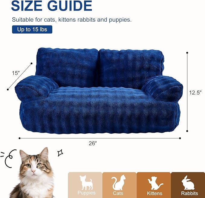 Cat Couch Bed, Cute Soft Pet Sofa for Indoor Cats Kittens Puppies with Removable Washable Cover, 26"x15", Navy Blue