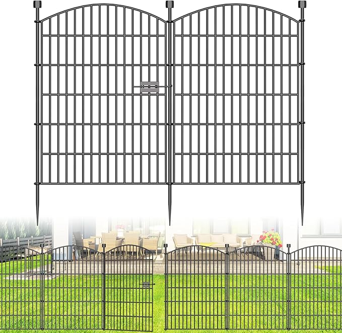No Dig Decorative Garden Fence 5 Panels with Gate, 40 in (H) x 11.8 ft (L), Dog Fence Outdoor for Yard，Rustproof Metal Animal Barrier Ground Stakes Fencing for Garden, Patio, Flower Bed