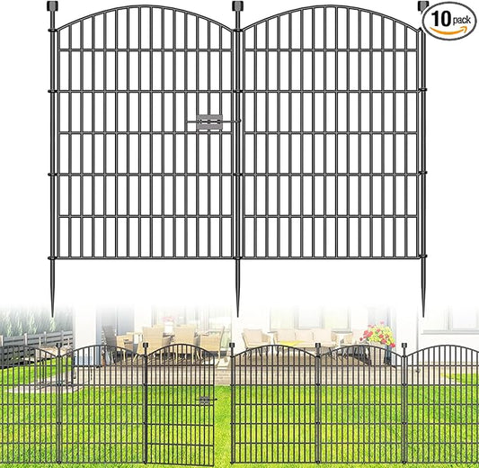 10 Panels No Dig Decorative Garden Fence with Gate - 40 in (H) x 23.6 ft (L), Dog Fence Outdoor for Yard, Rustproof Metal Animal Barrier Ground Stakes Fencing for Garden, Patio, Flower Bed