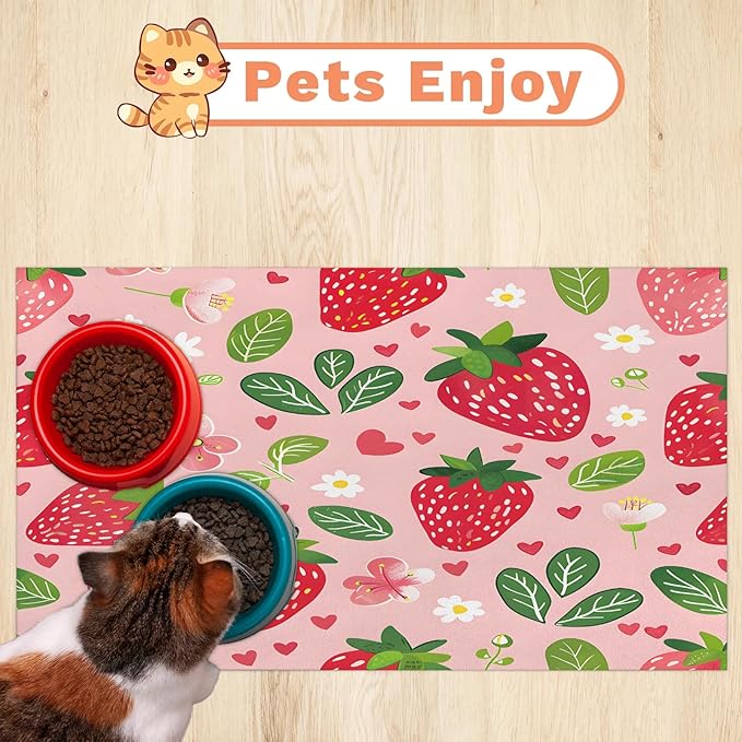 Boho Strawberry Dog Food Mat for Floors Absorbent Dog Bowl Mat for Food and Water Dispenser Quick Dry Cat Food Placemat Pet Supplies 17" x 30", Flora Leaves