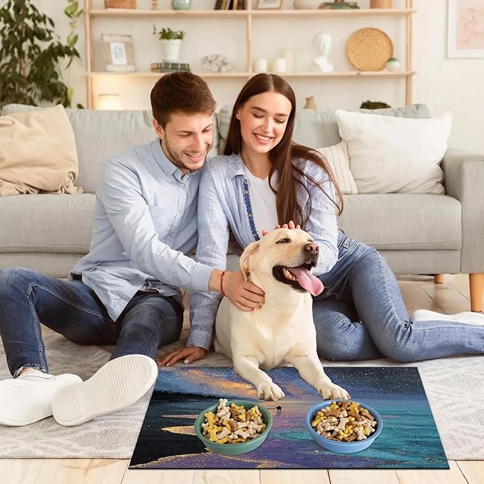 Beach Dog Food Mat for Floors Absorbent, Quick Dry Water Dispenser Mat for Food, Water, Pet Supplies 16" x 24", Galaxy Star