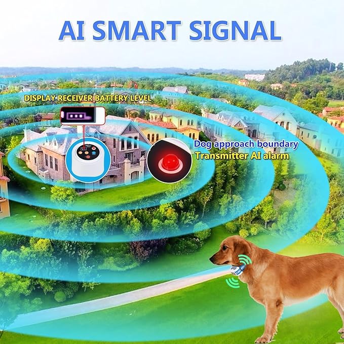 Plkm Wireless Dog Fence Pet Electric 2026 Newest Intelligent Containment System, Dog Out of Range Reminder Transmitter AI Smart Alarm, 360° Strong Signal Coverage, Display Receiver Battery Level