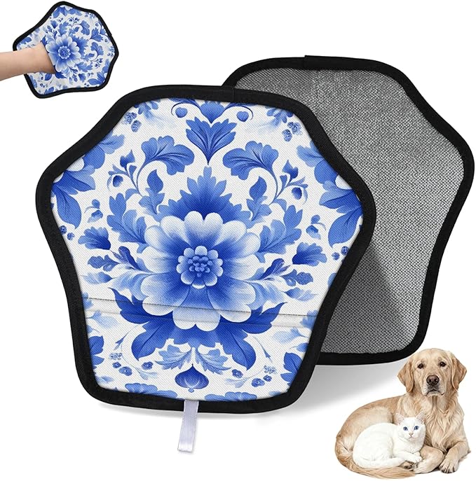 Blue Flower Pattern Electrostatic Pet Hair Removal Glove for Cats & Dogs - Reusable Grooming Mitt for Couch, Carpet, Car Seat & Laundry - Large 9x9 Inch