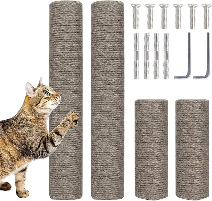 Barelove Cat Scratching Post Replacement, 4 Pieces Cat Scratcher Cat Tree Replacement Parts, 15.4'' x 2.67" Dia + 7.87“ x 2.67" DiaNatural Sisal Rope Cat Scratch Posts Include M8 Screws, Grey