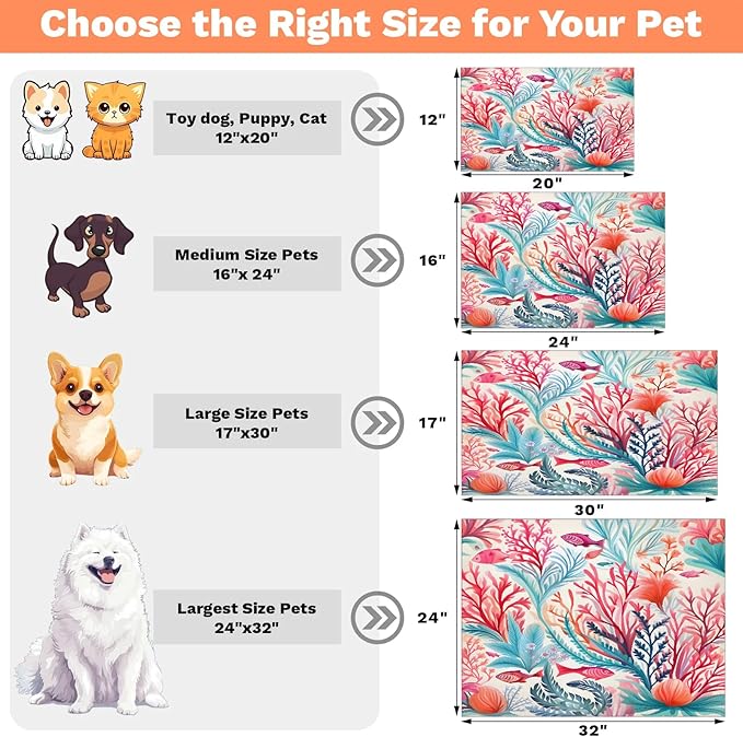 Watercolor Corals Dog Food Mat for Floors Absorbent Dog Bowl Mat for Food and Water Dispenser Quick Dry Cat Food Placemat Pet Supplies 24" x 32", Colorful Nautical