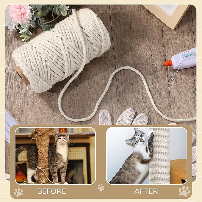 1/4inch ×164Ft Natural Cat Tree Hemp Rope, DIY Repair and Replace Scratching Post Sisal Rope for Scratching Post Cat Tree Tower DIY (White)