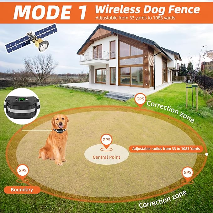 2-in-1 GPS Wireless Dog Fence & Remote Training Collar, Portable Pet Containment System, Electric Dog Fence, Beep/Vibration/Shock Correction Mode, for Dogs Over 18 Lbs