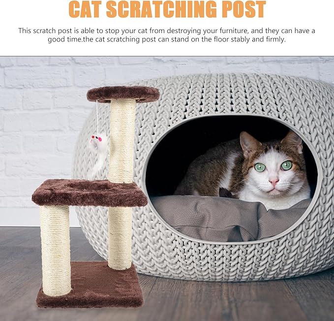 BESTonZON Decorative 3-Layer Sisal Cat Scratching Post with Hanging Mouse Vertical Wear-Resistant Cat Tree for Indoor and Kittens