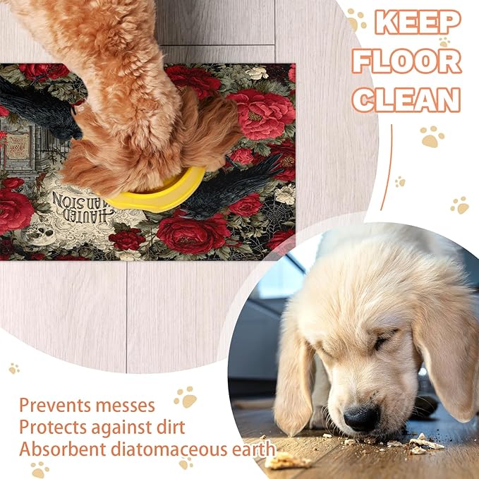 Halloween Crow Dog Food Mat for Floors Absorbent, Quick Dry Water Dispenser Mat for Food, Water, Pet Supplies 24" x 32", Flower