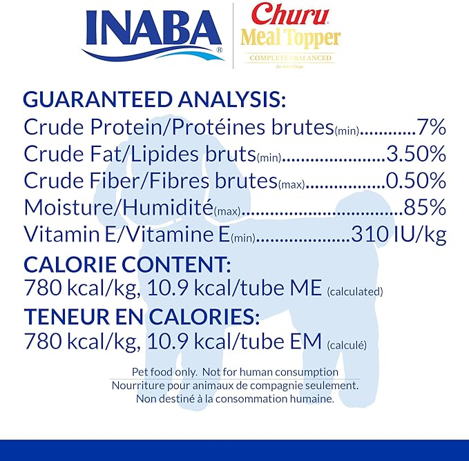 INABA Churu Meal Topper for Dogs, Complete & Balanced, Creamy, Lickable Purée Dog Food Topper, 0.5 Ounce Tube, 12 Tubes (4 per Pack) Chicken with Salmon Recipe