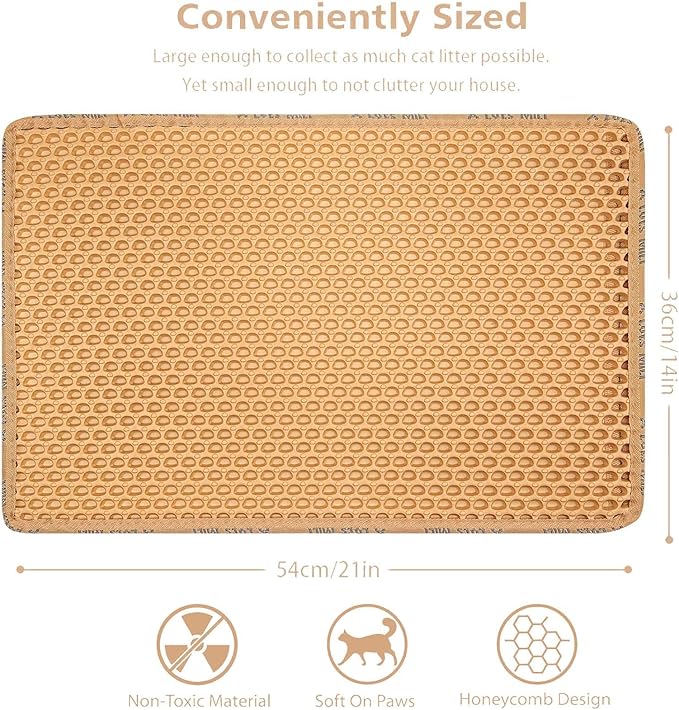 Cat Litter Mat, 21 x 14 Inch, Honeycomb Double Layer Design Cat Litter Box Mat, Washable Non-Slip, Waterproof Urine Proof Cat Litter Catcher Mat, Easy Clean Scatter Control, Yellow
