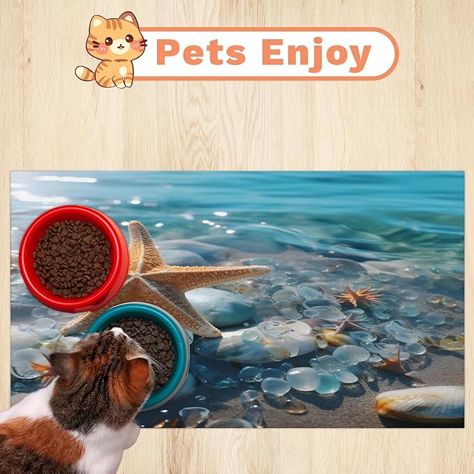Starfish Seashell Dog Food Mat for Floors Absorbent, Quick Dry Water Dispenser Mat for Food, Water, Pet Supplies 16" x 24", Ocean Beach