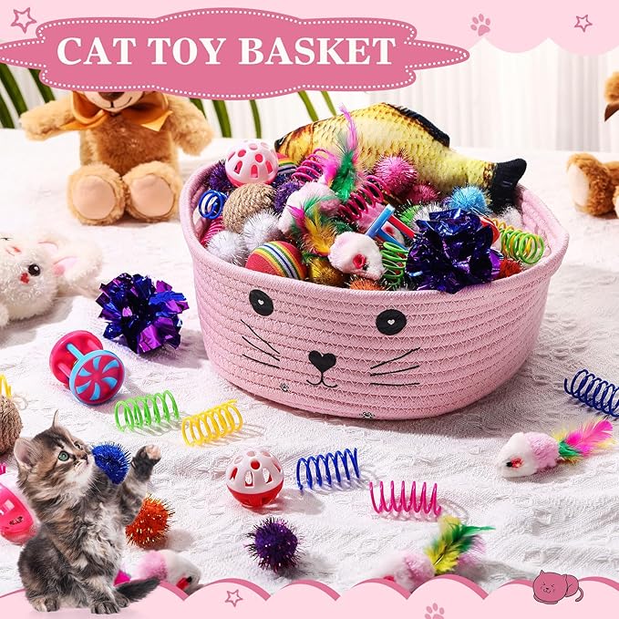 Zopeal 58 Pcs Easter Cat Storage Basket Gift Toys Set, Colorful Flashing Balls Pet Bell Crinkle Balls Spring Toys Attract Cat to Swat, Hunt, Interactive for Pet(Pink,9.8 Inch)