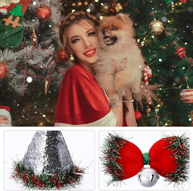 Gadpiparty Christmas Pet Hat Red Bow Tie with Bell Set Soft Fabric Dog and Cat Cap Costume Accessories for Holiday Party 2pcs Festive Pet Supplies