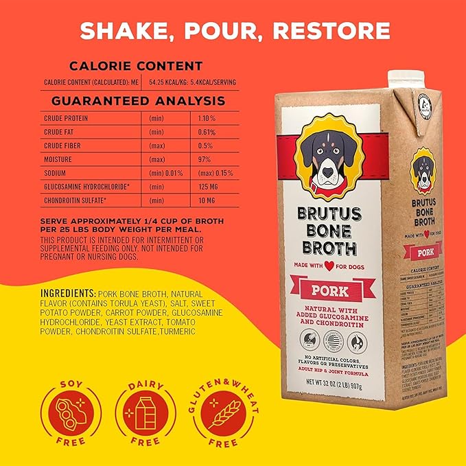 Brutus Broth for Dogs - All Natural Bone Broth for Dogs with Chondroitin Glucosamine Turmeric -Human Grade Dog Food Toppers - Beef and Pork Bundle