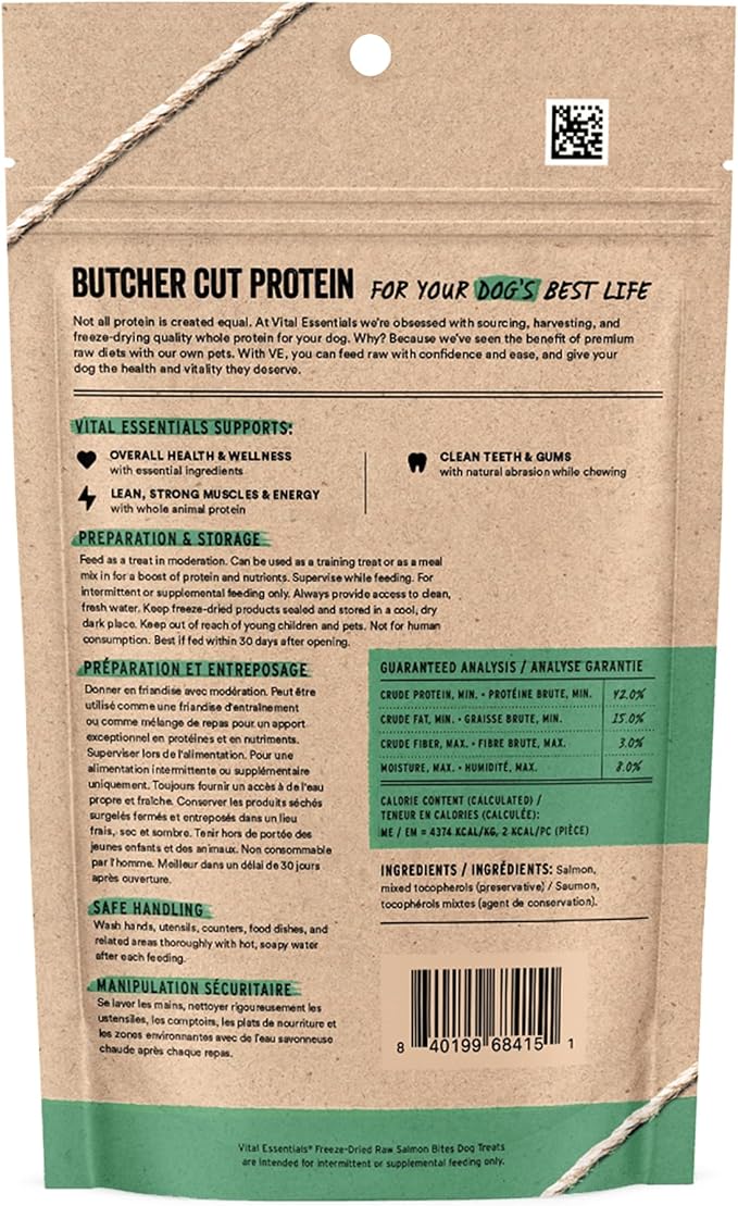 Vital Essentials Freeze Dried Dog Treats | Salmon Bites, Single Ingredient | Premium Quality | Grain Free Training Treats for Dogs, 2.5 oz Bag