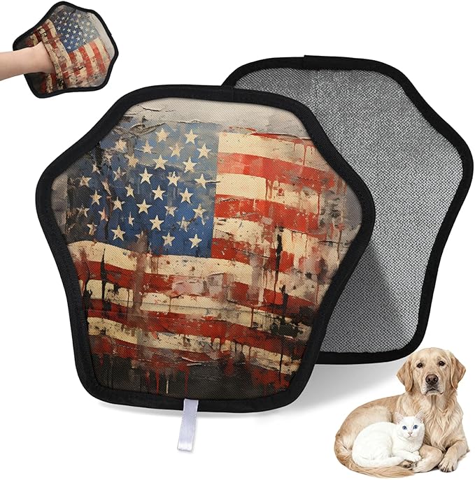 Retro Star Stripe Electrostatic Pet Hair Removal Glove for Cats & Dogs - Reusable Grooming Mitt for Couch, Carpet, Car Seat & Laundry - Large 9x9 Inch