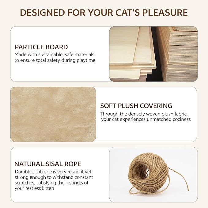9-in-1 Cat Wall Shelves, Stable & Safe Wall Mounted Cats Shelf Furniture Set with Plush Fabric, Wooden Cat Climbing Wall Systems with Scratching Post, Bridge Ladder, Floor Space-Saving, Beige