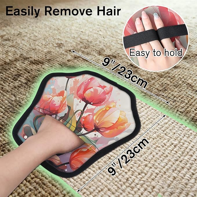 Reusable Pet Hair Removal Glove Watercolor Tulip Flowers Magic Brush for Cat & Dog Hair Remover for Car, Sofa, Bedding, Clothes - 9x9 Mitt Washable