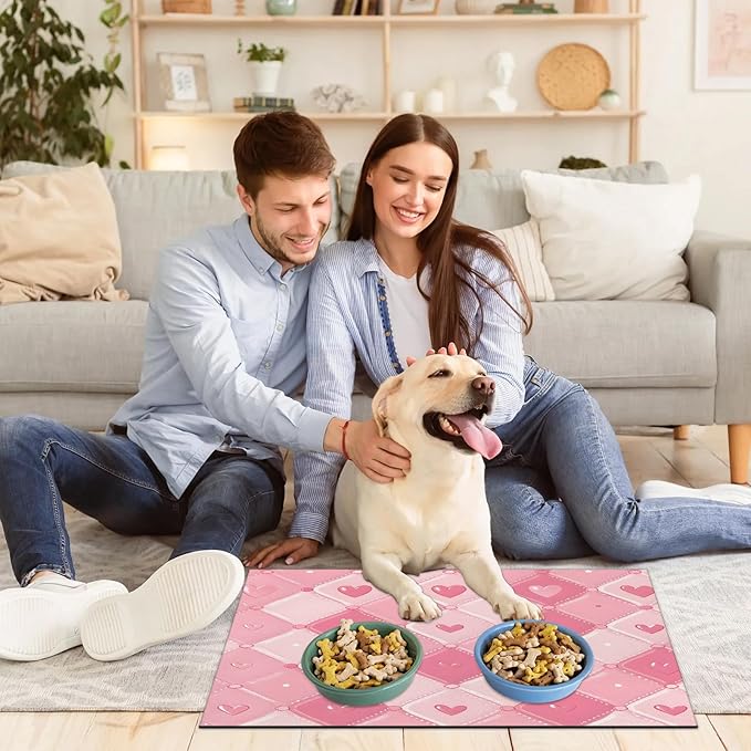 Love Heart Dog Food Mat for Floors Absorbent, Quick Dry Water Dispenser Mat for Food, Water, Pet Supplies 24" x 32", Ringge Plaid