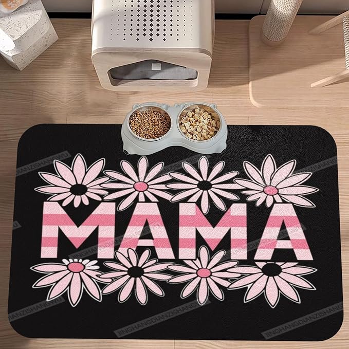 Pet Feeding Mats with Residue Collection Happy Mother's Day Floral Gift for Mom Hy Waterproof Dog Cat Bowl Mat 24x16In with Prevent Water Food Spills