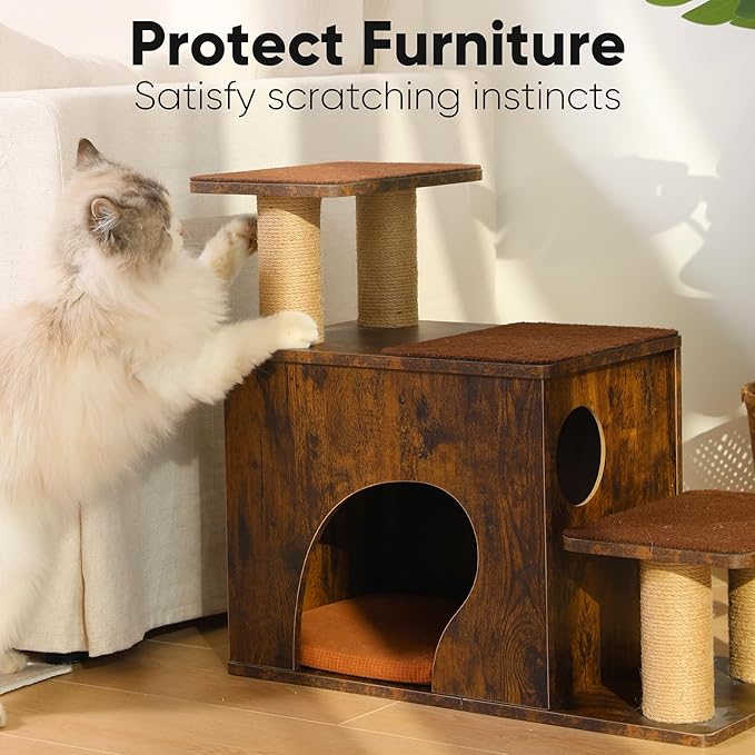 FUKUMARU 3-in-1 Pet Stairs, Retro-style Dog Steps for Cats and Small Dogs, Wooden Cat Stairs for High Bed with Scratching Post, Dog Ramp for Couch with Cat Condo Cave, Easy to Clean & Aesthetic Design