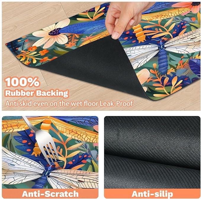 Floral Dragonfly Dog Food Mat for Floors Absorbent, Quick Dry Water Dispenser Mat for Food, Water, Pet Supplies 17" x 30", Wildflower Plant