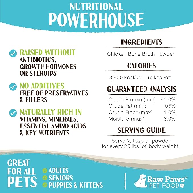 Raw Paws Bone Broth Powder Bundle - Beef Bone Broth for Dogs & Cats & Chicken Bone Broth for Dogs & Cats, 6-oz - Packed in USA - Protein Powder for Dogs and Cats - Gravy Topper for Dry Food - Supports