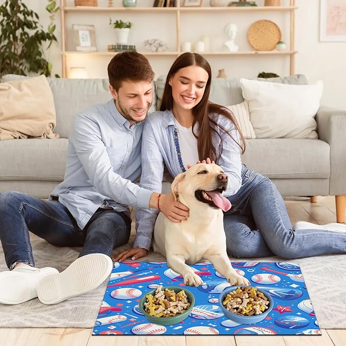 Baseball Dog Food Mat for Floors Absorbent, Quick Dry Water Dispenser Mat for Food, Water, Pet Supplies 17" x 30", 4th of July