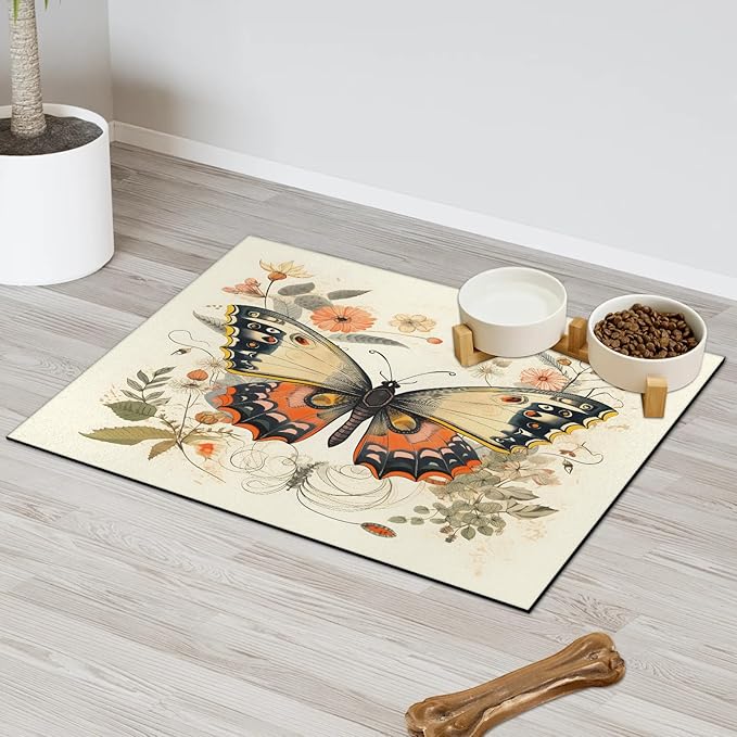 Boho Butterfly Dog Food Mat for Floors Absorbent, Quick Dry Water Dispenser Mat for Food, Water, Pet Supplies 12" x 20", Watercolor Floral