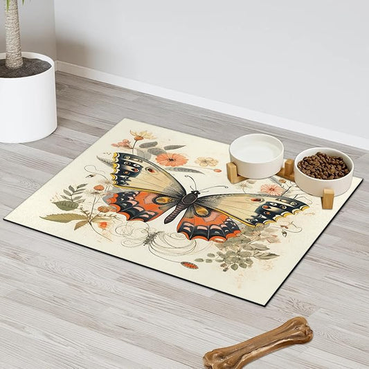 Boho Butterfly Dog Food Mat for Floors Absorbent, Quick Dry Water Dispenser Mat for Food, Water, Pet Supplies 12" x 20", Watercolor Floral