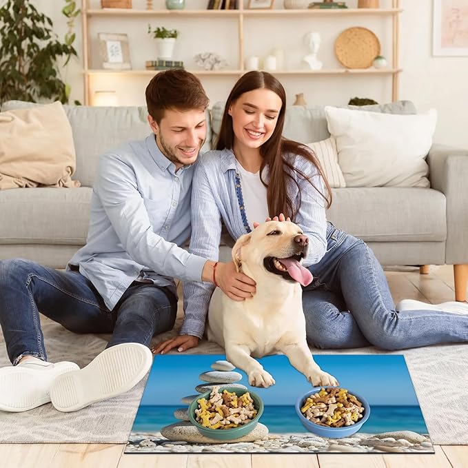 Stone Dog Food Mat for Floors Absorbent, Quick Dry Water Dispenser Mat for Food, Water, Pet Supplies 17" x 30", Hawaiian Beach