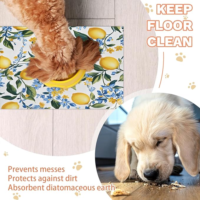 Lemon Fruit Dog Food Mat for Floors Absorbent Dog Bowl Mat for Food and Water Dispenser Quick Dry Cat Food Placemat Pet Supplies 16" x 24", Bows Flower