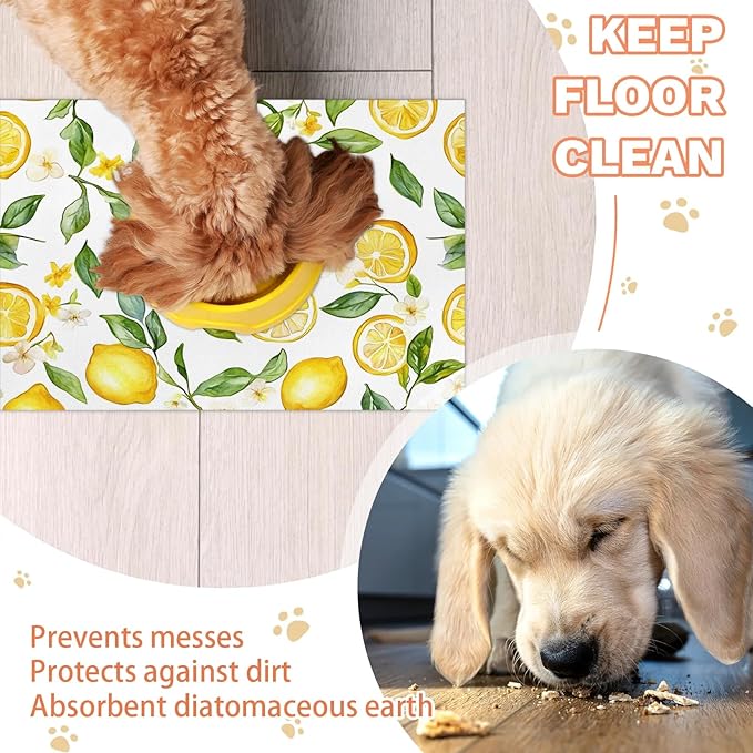 Yellow Lemon Dog Food Mat for Floors Absorbent Dog Bowl Mat for Food and Water Dispenser Quick Dry Cat Food Placemat Pet Supplies 24" x 32", Green Leaves Plant