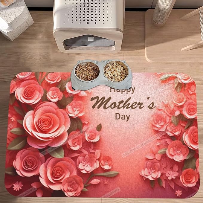 Pet Feeding Mat for Dogs Cats Happy Mother's Day Red Floral Gift for Mom Du Absorbent Dog Food Mat Non-Slip Waterproof Placemat Quick Dry Pet Supplies Bowl Mats