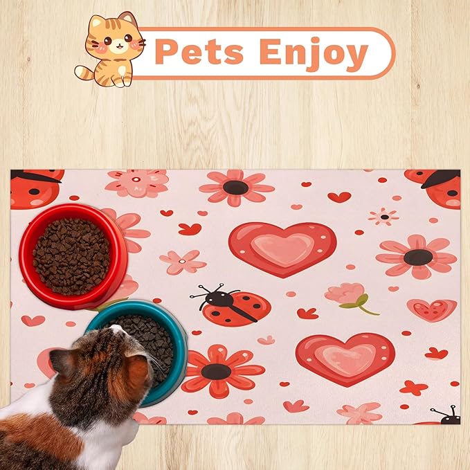 Red Ladybird Dog Food Mat for Floors Absorbent, Quick Dry Water Dispenser Mat for Food, Water, Pet Supplies 17" x 30", Spring Flower