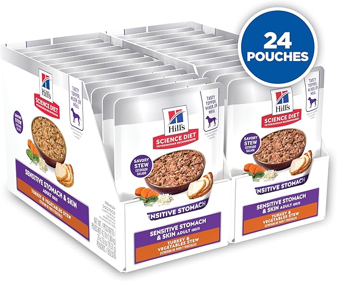 Hill's Science Diet Sensitive Stomach & Skin, Adult 1-6, Stomach & Skin Sensitivity Support, Wet Dog Food, Turkey & Vegetables Stew, 2.8 oz Pouch, Case of 24