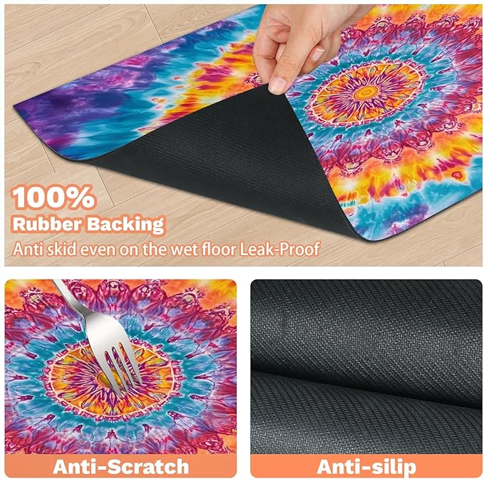 Tie Dye Dog Food Mat for Floors Absorbent, Quick Dry Water Dispenser Mat for Food, Water, Pet Supplies 16" x 24", Boho Mandala Rainbow