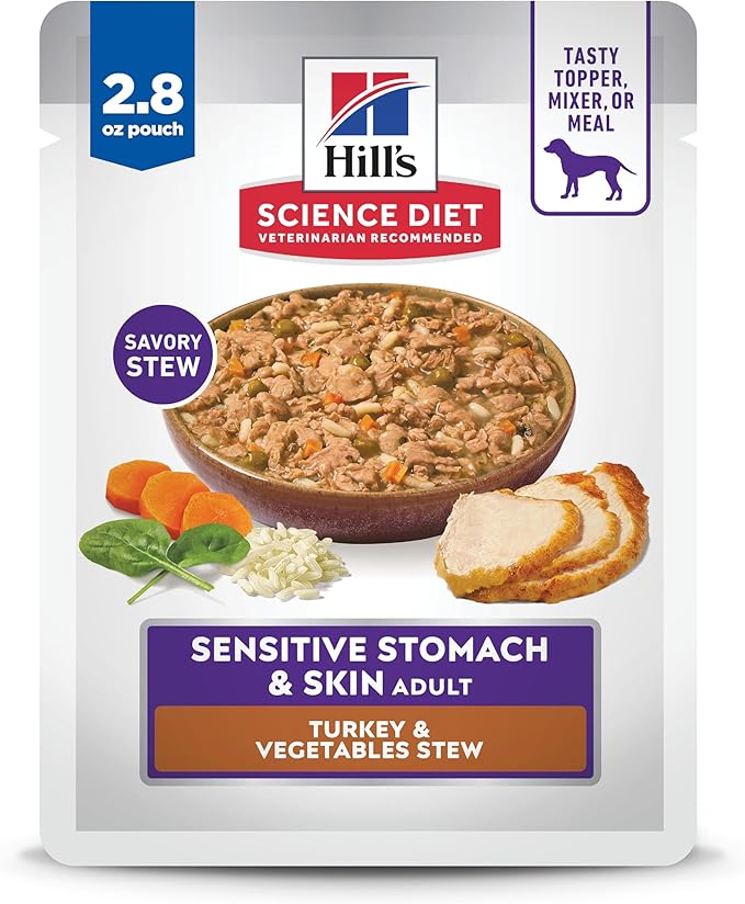 Hill's Science Diet Sensitive Stomach & Skin, Adult 1-6, Stomach & Skin Sensitivity Support, Wet Dog Food, Turkey & Vegetables Stew, 2.8 oz Pouch, Case of 24