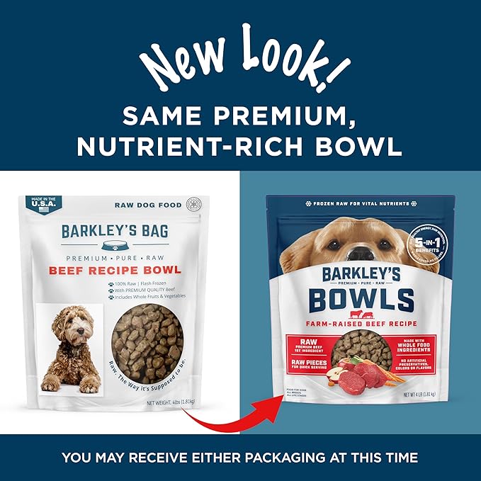 Barkley’s Bowls, Frozen Raw Beef Dog Food, Fresh Whole Food Ingredients with Farm-Raised Beef, Grain Free, High Protein, Dog Food Toppers, Frozen Meals, Human Grade Ingredients, 4 lb (1 Pack)