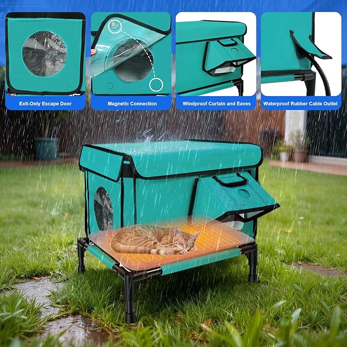 Heated Outdoor Cat House Weatherproof, Small/Large Insulated Cat House for Indoor, Winter Stray/Feral Cat Shelter (Green Cat Bed, Small-17×13"×12")