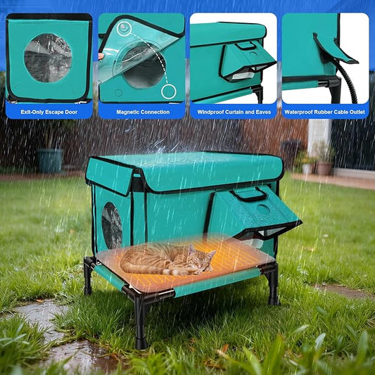 Heated Outdoor Cat House Weatherproof, Small/Large Insulated Cat House for Indoor, Winter Stray/Feral Cat Shelter (Green Cat Bed, Small-17×13"×12")