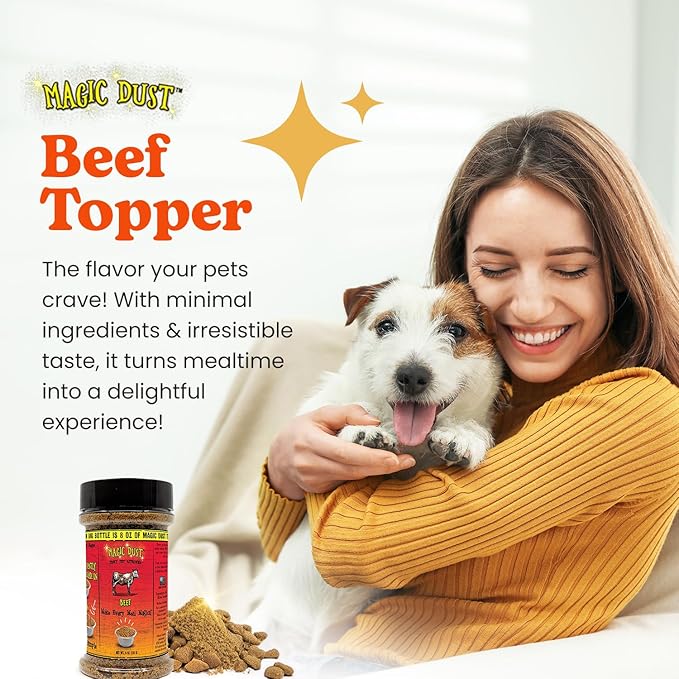 Wild Meadow Farms - Magic Dust Beef Jerky Topper, Single Protein Pet Food Topper for Dogs & Cats, Enhance Flavor & Elevate Mealtime Excitement for Picky Eaters - 8 Ounce Bottle in Beef Flavor