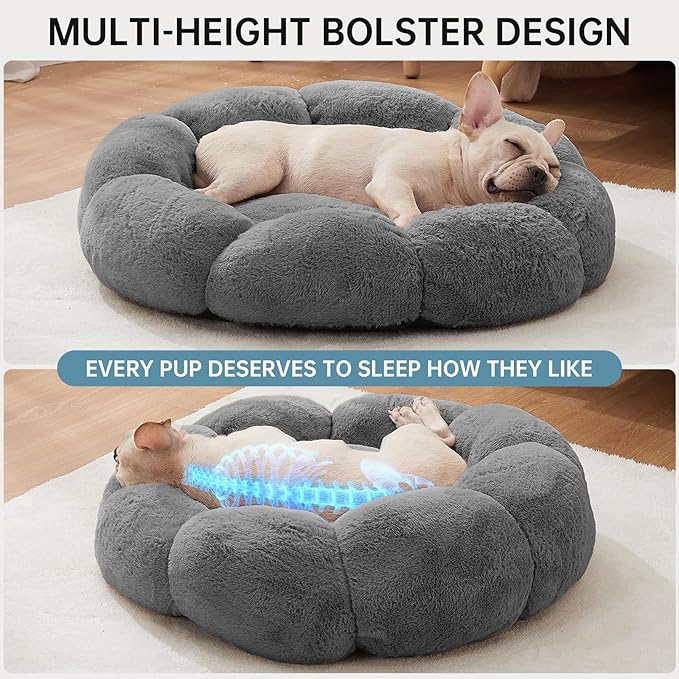 OhGeni 31 inches Calming Donut Orthopedic Dog & Cat Bed for Medium Pets, Warming Comfort Fluffy Short Pile Fur, Durable Waterproof Machine Washable Removable Cover, Cute Round Bed for Puppy, Dark Gray