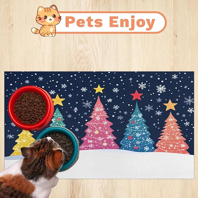 Christmas Trees Dog Food Mat for Floors Absorbent, Quick Dry Water Dispenser Mat for Food, Water, Pet Supplies 17" x 30", Xmas Snowflake