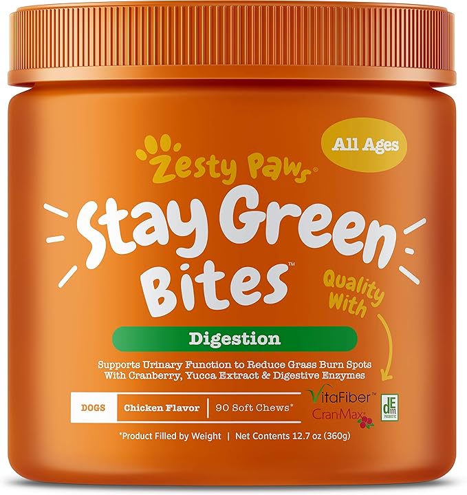 Zesty Paws Stay Green Bites for Dogs - Grass Burn Soft Chews for Lawn Spots Caused by Dog Urine - with Cranberry for Urinary Tract & Bladder - Chicken - 90 Count