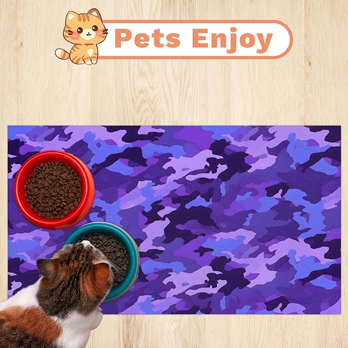 Purple Camouflage Dog Food Mat for Floors Absorbent Dog Bowl Mat for Food and Water Dispenser Quick Dry Cat Food Placemat Pet Supplies 17" x 30", Camo