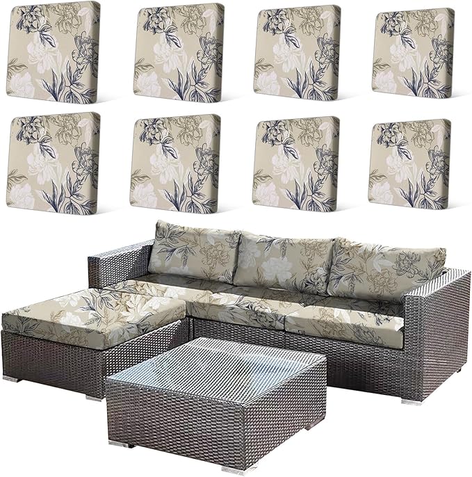 HANDONTIME 8Pcs Outdoor Cushion Covers Waterproof Vintage Patio Cushion Covers Stretch Outdoor Couch Cover Replacement Patio Furniture Cover for Pets Sofa Cover Washable (Khaki Floral,Cover Only)