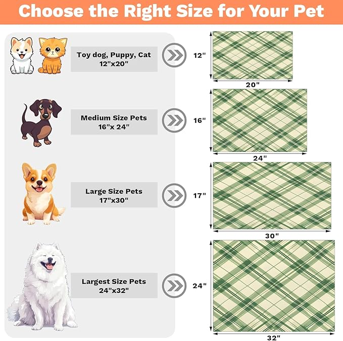 Check Dog Food Mat for Floors Absorbent, Quick Dry Water Dispenser Mat for Food, Water, Pet Supplies 24" x 32", Green White Plaid