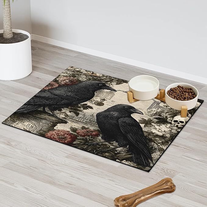 Halloween Skull Dog Food Mat for Floors Absorbent, Quick Dry Water Dispenser Mat for Food, Water, Pet Supplies 16" x 24", Raven Flower